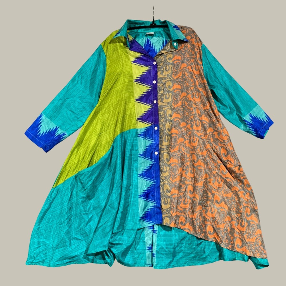 Belma Shirt Dress Womens One Size Mixed Print Art to Wear Silk Lagenlook Boho